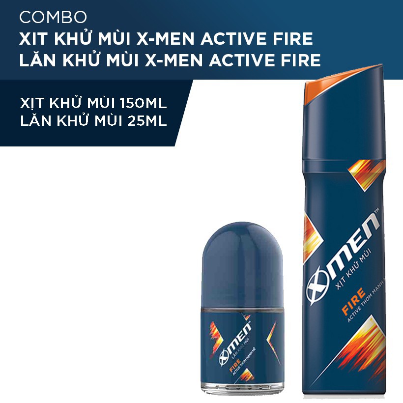 X Men -   Combo Xịt Khử Mùi X-Men Active Fire - Hương Nam Tính 150Ml + Lăn Khử Mùi 25ml Đại Lí Sỉ