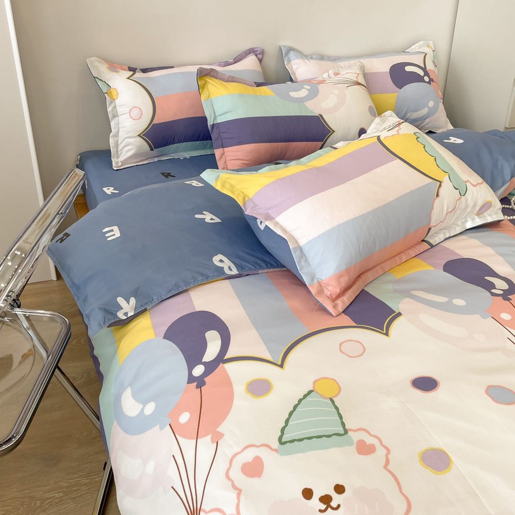 Bộ chăn ga gối Cotton Poly Bo Decor ga gối Hàn Quốc đủ size miễn phí bo chun - chú gấu cầm bóng