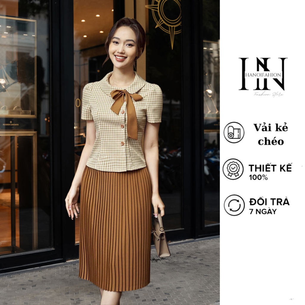 Váy Công Sở Xếp Ly Áo Sơ Mi Đính Nơ, Thiết Kế Tôn Dáng Váy Xếp Ly Sang Xịn Mịn