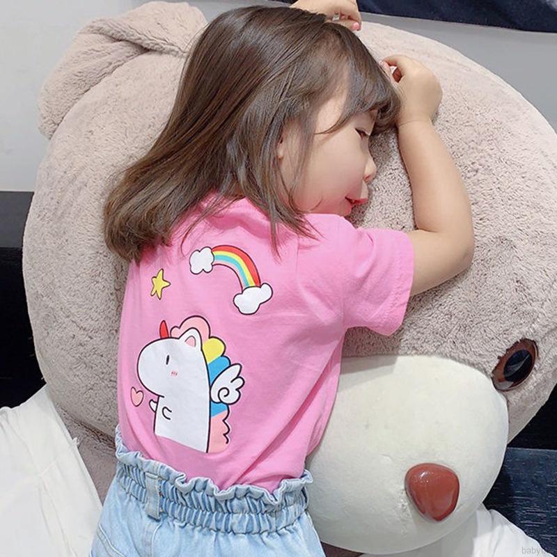 Áo thun tay ngắn chất liệu cotton in họa tiết hoạt hình phong cách Hàn Quốc dành cho bé gái