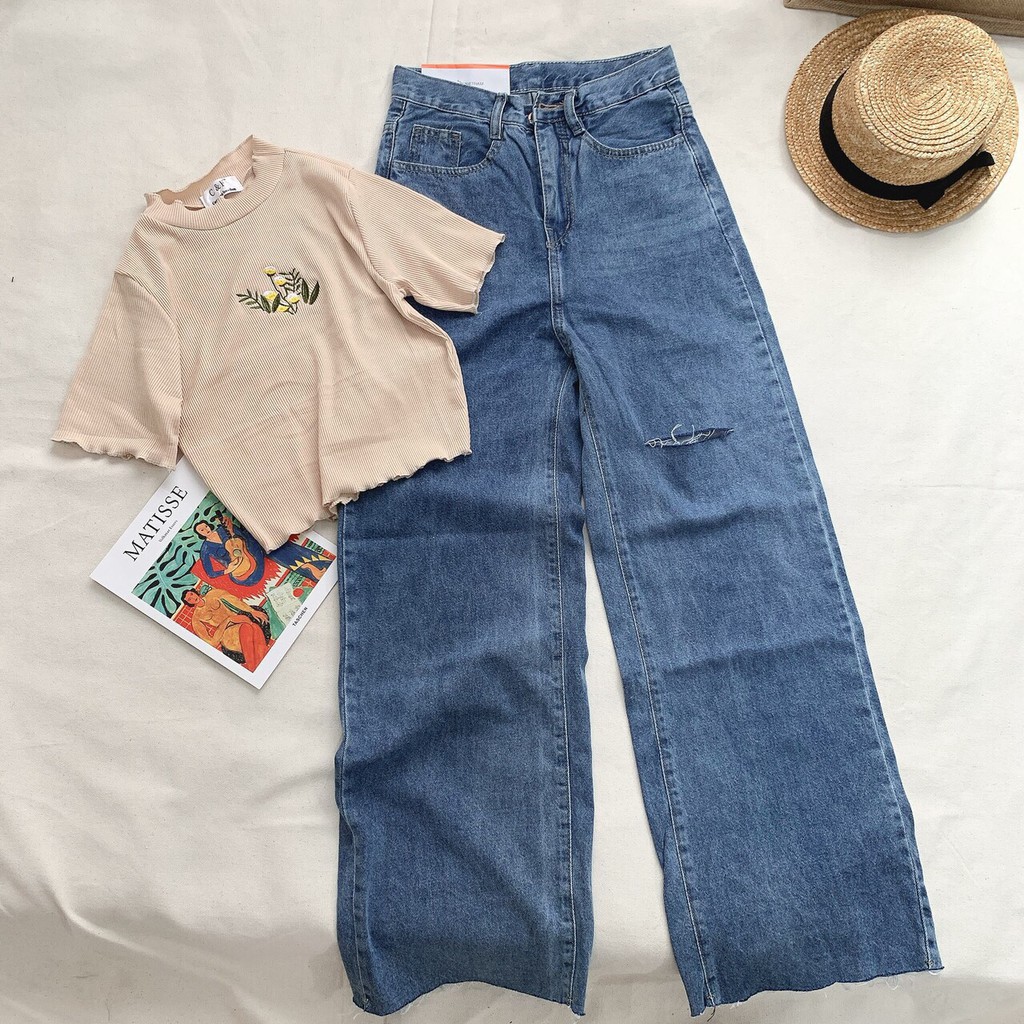 FS50K_Quần Jeans Nữ Ống Rộng Phối Rách OHS423 | BigBuy360 - bigbuy360.vn
