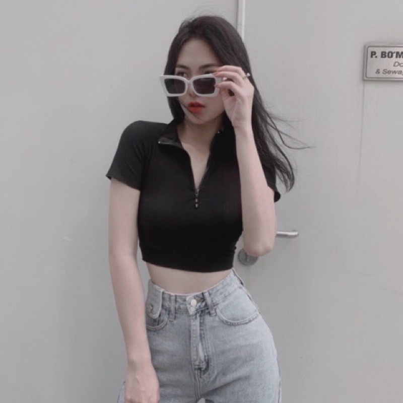 🌿ÁO CROPTOP TAY NGẮN CÓ DÂY KÉO GIỮA 🌿