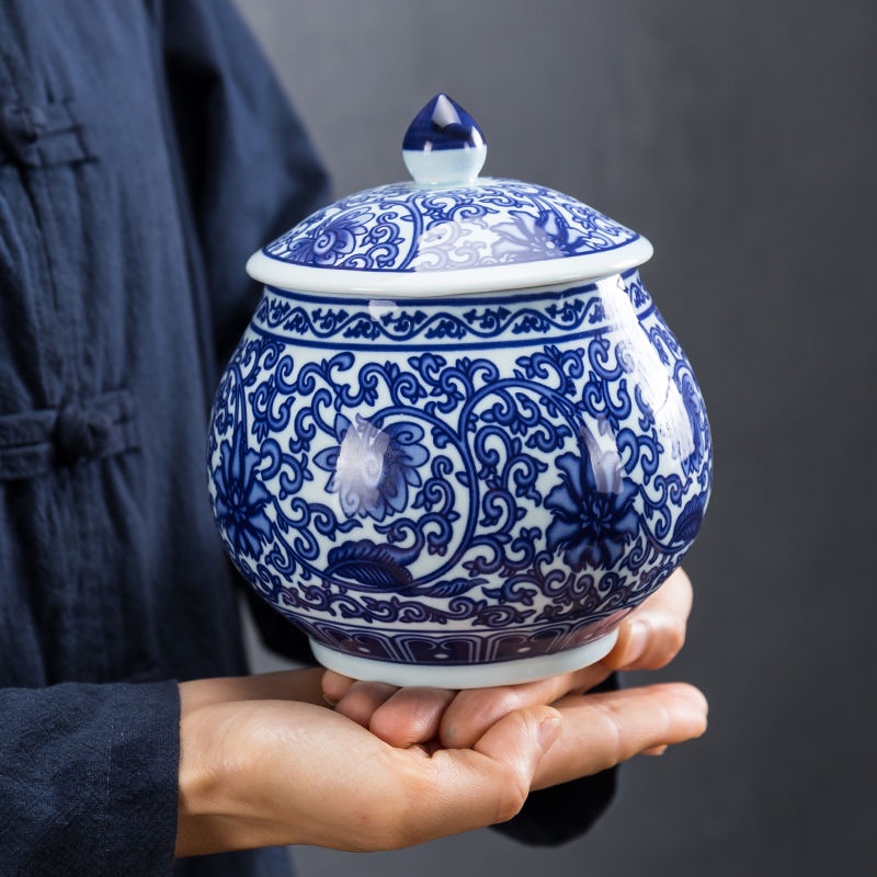 Bình pha trà sứ trắng xanh bằng gốm sứ bảo quản kín gia đình Bình ủ trà Pu er thức ăn chống ẩm bình trà
