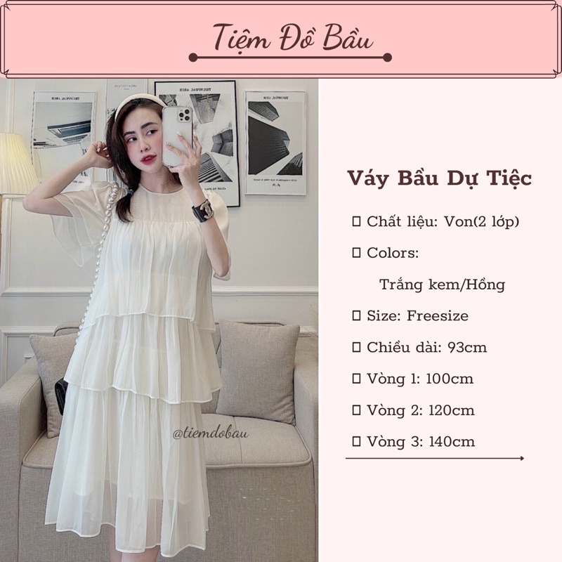 Váy bầu von thời trang thiết kế ba tầng sau sinh dáng suông đẹp 2 lớp dự tiệc