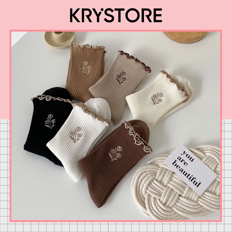 Tất nữ cổ bèo thêu hoa chất đẹp,tất nhún phong cách Hàn quốc Krystore CB10