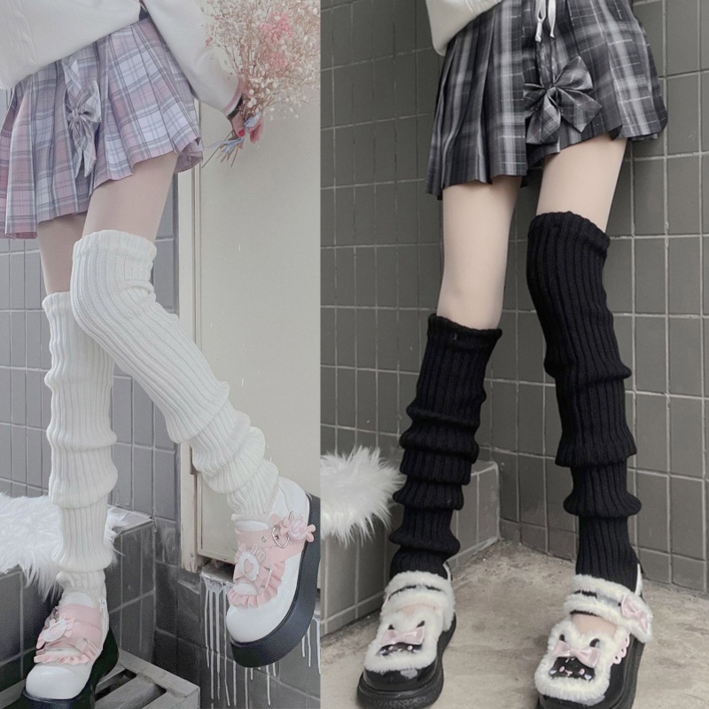 Vớ ống chân cổ cao tới đùi dệt kim gân sọc màu trơn giữ ấm phong cách Nhật Bản lolita đi học đáng yêu cho học sinh nữ