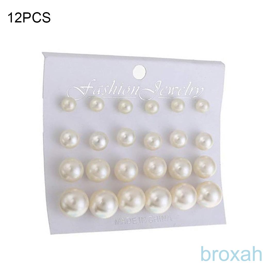 12 Pairs Shiny Round Imitation Pearl Earrings Alloy Stud Earrings Set Party Earring Accessories  【broxah】
