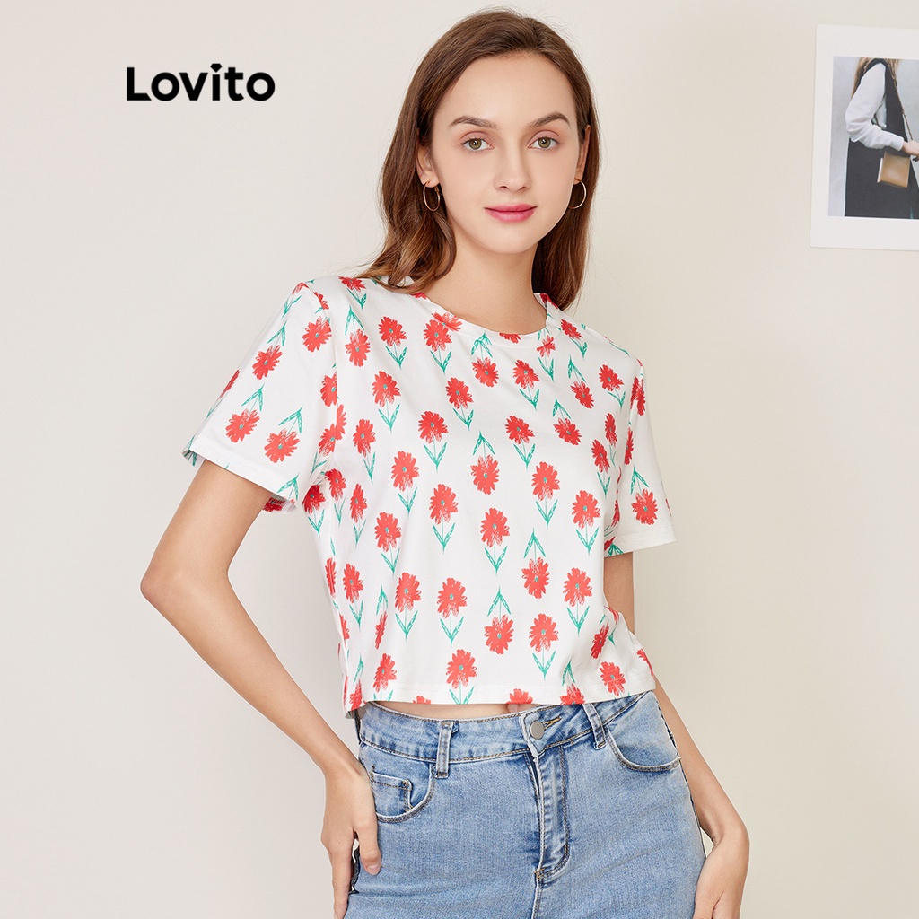 Áo thun Lovito mềm in hoa co giãn mạnh thường ngày L27ED010 (nhiều màu)