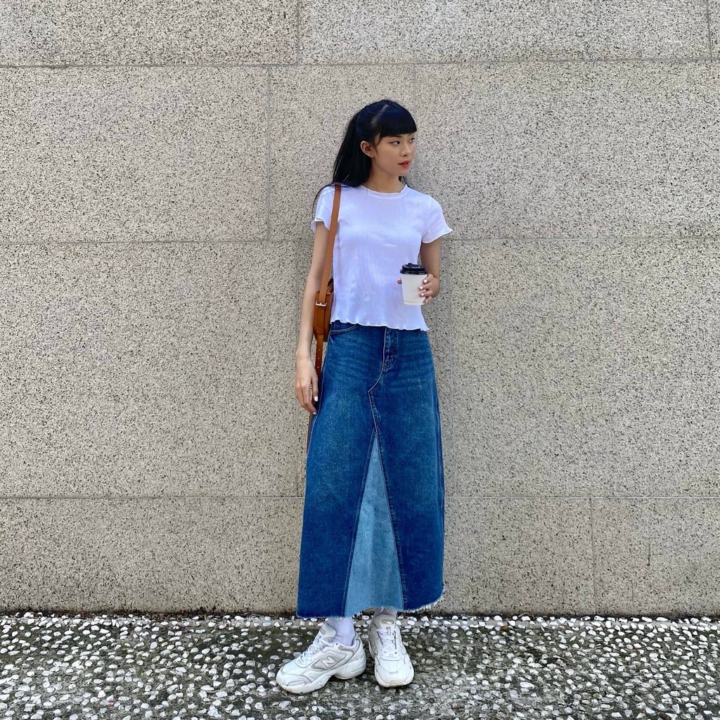 TheBlueTshirt - Váy Jeans Suông Nữ Màu Xanh Đậm - 1970s Denim Midi Skirt - The 1975 Wash