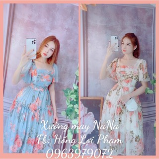 Đầm cổ vuông hoa nhí xếp ly (hình thật+video)