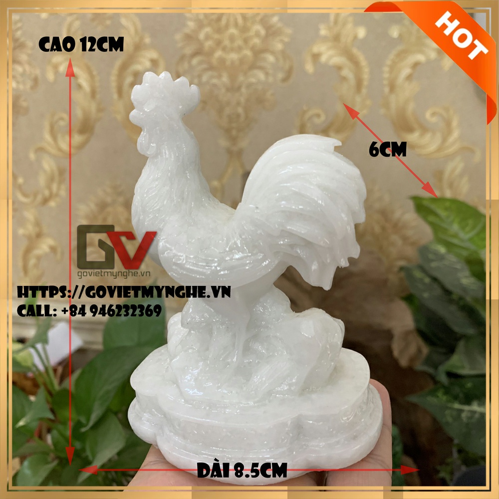 Tượng đá con gà trống phong thủy mang may mắn cho gia chủ - Cao 12cm - Màu trắng đá non nước