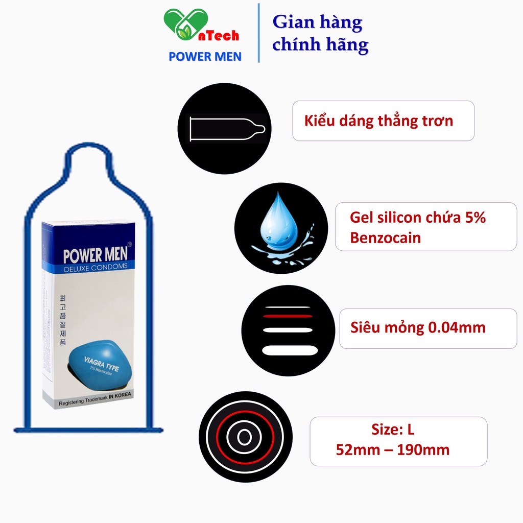 Bao cao su POWER MEN VIAGRA TYPE siêu mỏng trơn nhiều gel bôi trơn chứa 7% Benzocain siêu kéo dài thời gian hộp 03 chiếc