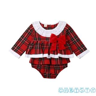 Áo liền quần kiểu dáng đầm kẻ ô vuông đỏ phong cách Giáng sinh cho bé