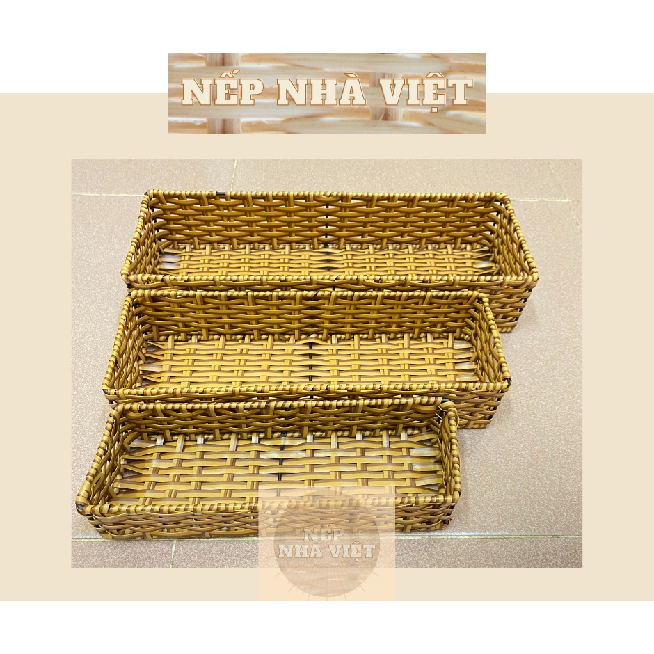 Khay Chữ Nhật Dài Đựng Hoa Quả, Đựng Đồ Decor, Mỹ Phẩm, Phụ Kiện Cá Nhân, Đồ Ăn Khô - Chất Liệu Dây Nhựa Đan Thủ Công