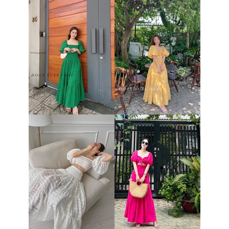 Set maxi đi biển nhún bèo xoè 3 món: áo phồng + váy tầng + dây buộc