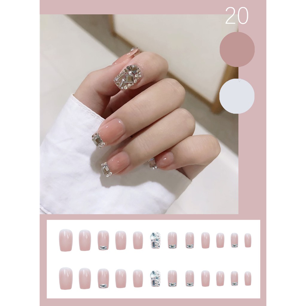 Bộ 24 móng tay giả Nail Nina trang trí nghệ thuật hoạ tiết hồng mix đá Jellystone mã Z-20【Tặng kèm dụng cụ lắp】