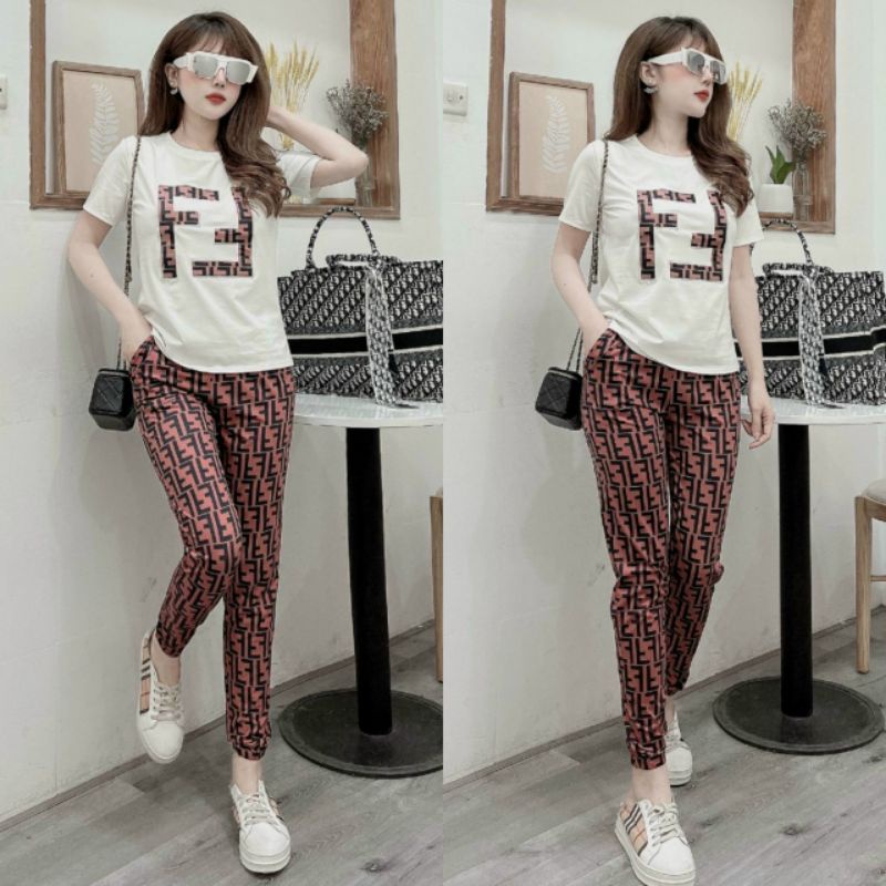 Bộ đồ thun cotton nữ phối họa tiết FF cao cấp có bigsize mẫu mới giá rẻ đẹp, sét đồ bộ đi chơi hay mặc ở nhà mùa hè