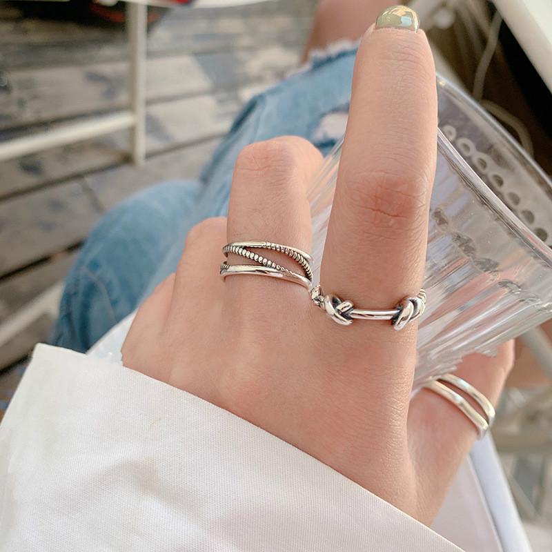 Nhẫn Đeo Ngón Trỏ Nhiều Lớp Kiểu Thắt Nút Phối Dây Xích Đan Chéo Màu Bạc Thái Lan Cổ Điển Cho Nữ