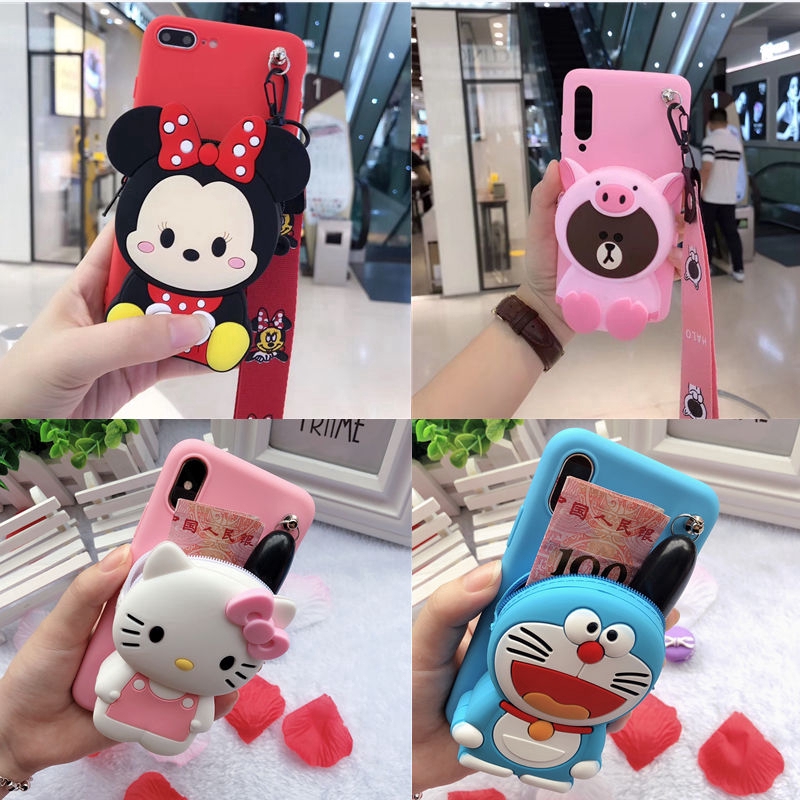 Samsung Galaxy A750 J8 2018 A9 Pro A7 2019 A8S A9S A920 Dễ thương Cartoon Hellokitty Doraemon Ví dây đeo Vỏ điện thoại