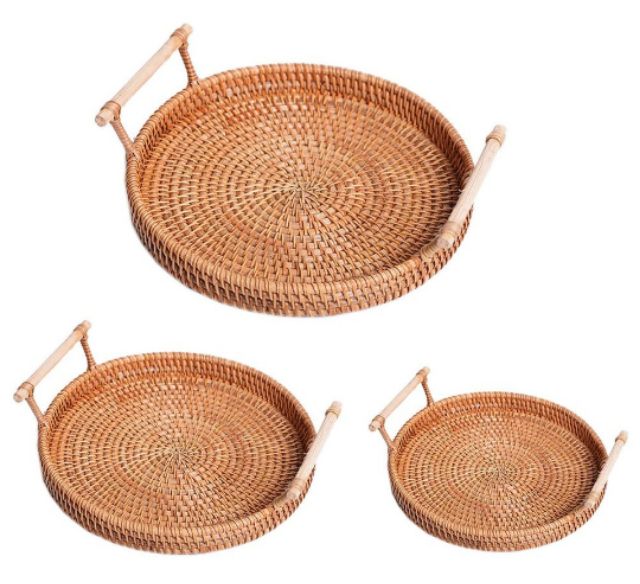 Khay mây tự nhiên, khay guột hình tròn nhiều kích thước có tay cầm hai bên dùng đựng đồ ăn, đồ uống