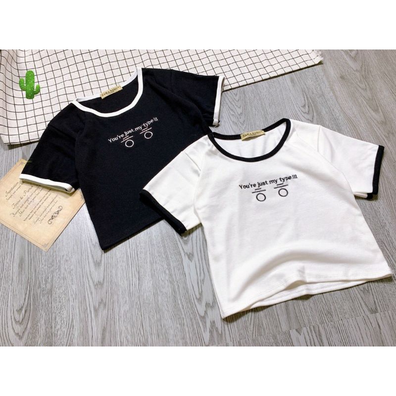 Áo croptop tay ngắn viền thêu chữ hàn xinh