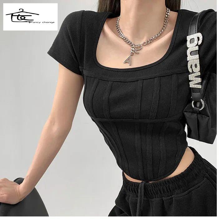 Áo Thun Ngắn Tay Dáng Ôm Thiết Kế Hình Xương Cá Phong Cách Mỹ Quyến Rũ