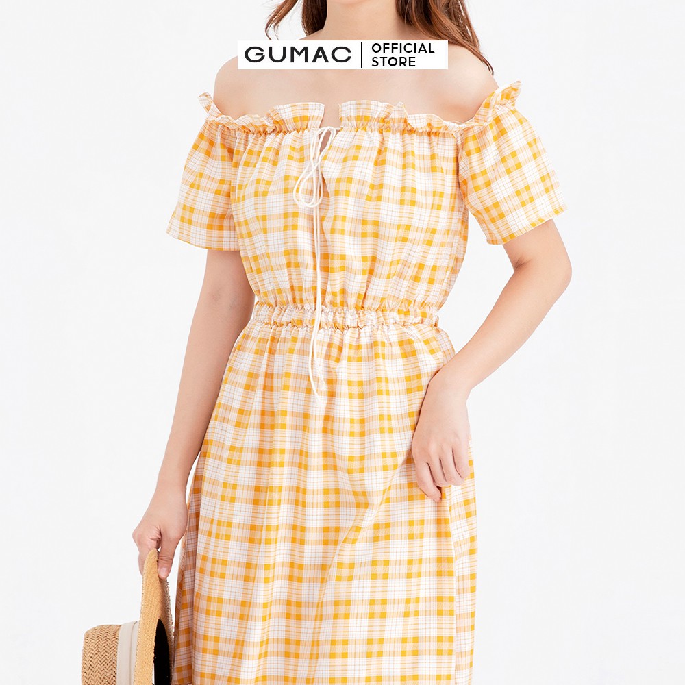 [Mã MABR07062 giảm 8% tối đa 50K đơn từ 249K] Đầm xòe nữ trễ vai caro GUMAC DB691 | BigBuy360 - bigbuy360.vn