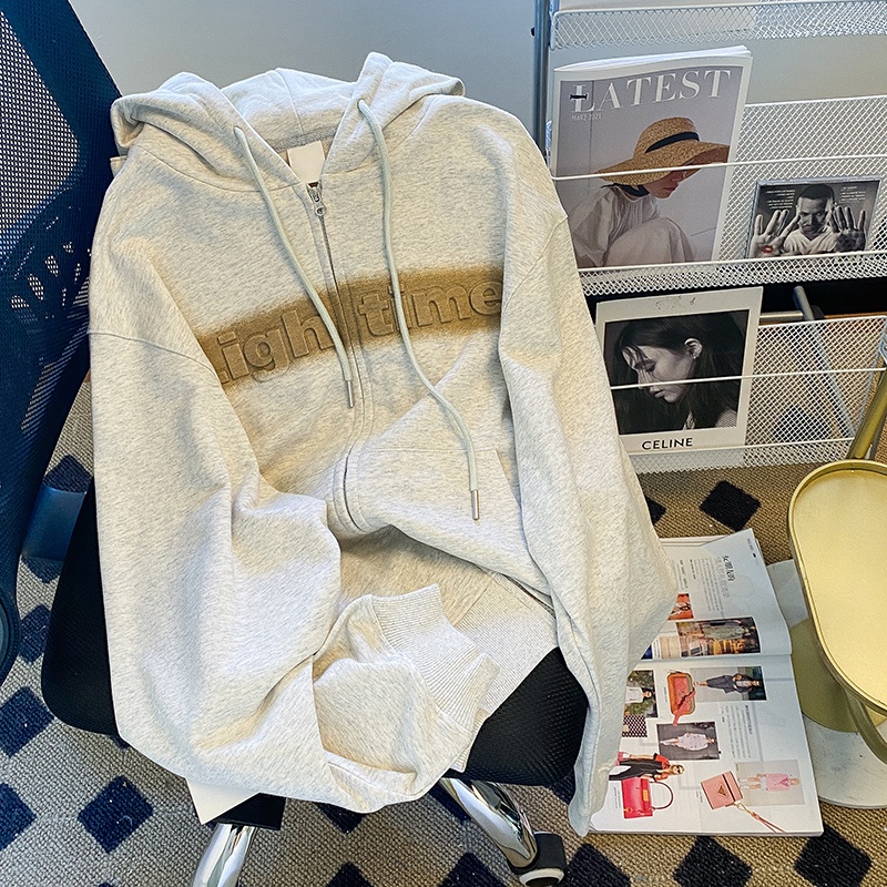 ZHELIHANGFEI Áo Khoác Cardigan Có Nón Tay Dài Dáng Rộng In Chữ Phong Cách Preppy