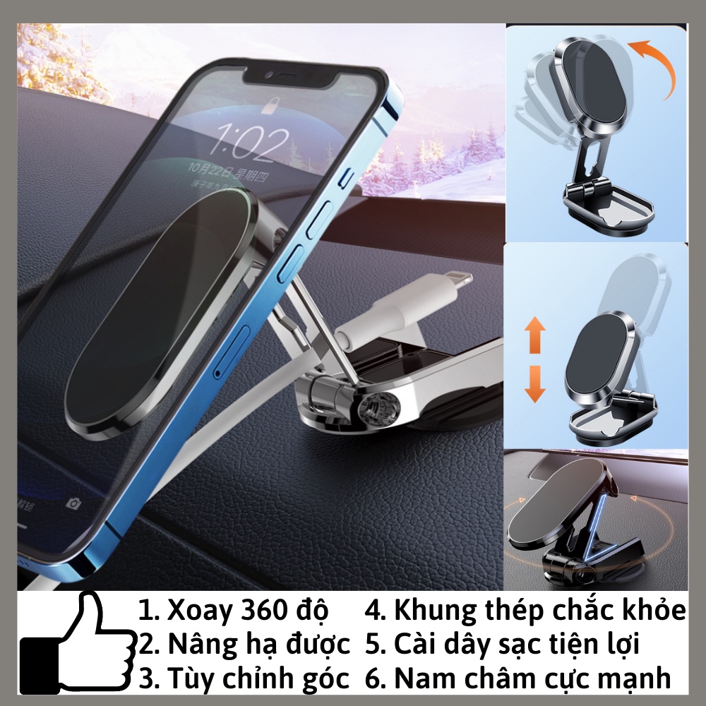 Giá đỡ điện thoại trên ô tô gắn taplo xoay 360 nâng hạ hút nam châm