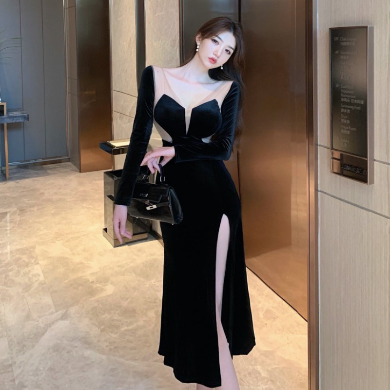 Spring New elegant socialite V-neck stitching mesh slim sheath split party dress women's long sleeve dress XKGV