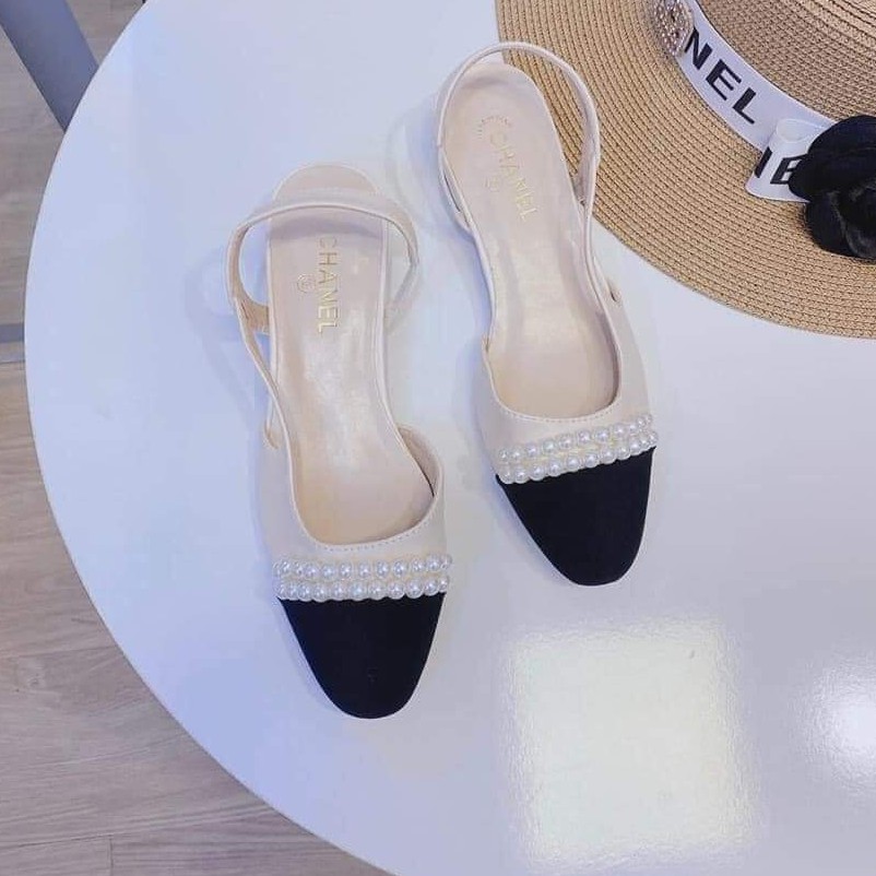 [HOT] SANDAL nữ đế bệt phối màu kem và đen đính ngọc tiểu thư sang chảnh_MT 0015