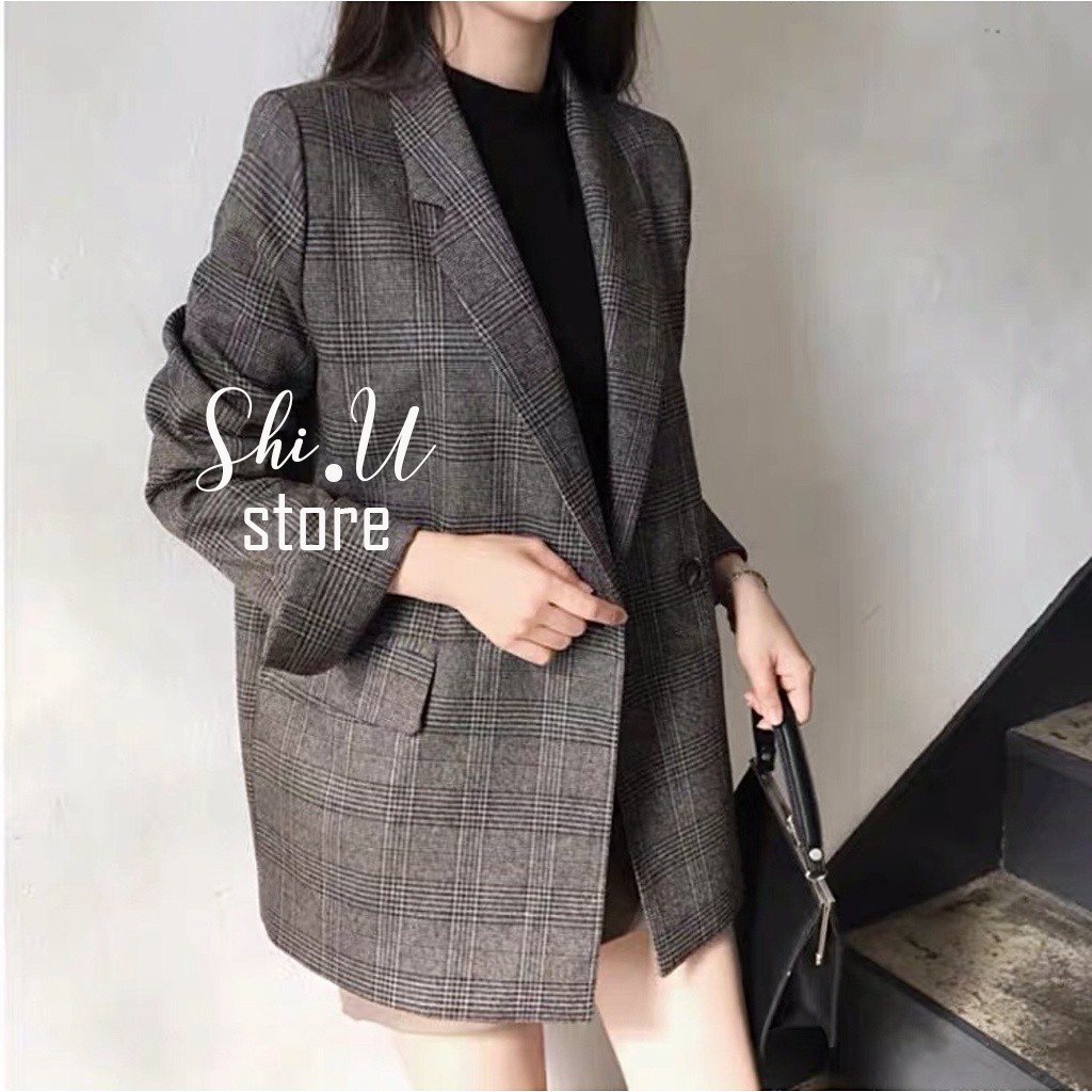 Áo Khoác Blazer Nữ Kẻ Ô Xẻ Tay 2 Lớp Dáng Rộng Ulzzang Thời Trang Hàn Quốc