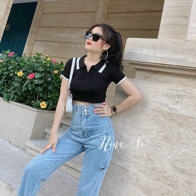 Áo len croptop tăm cúc cổ bẻ mongtoghi hàng Quảng Châu 2304