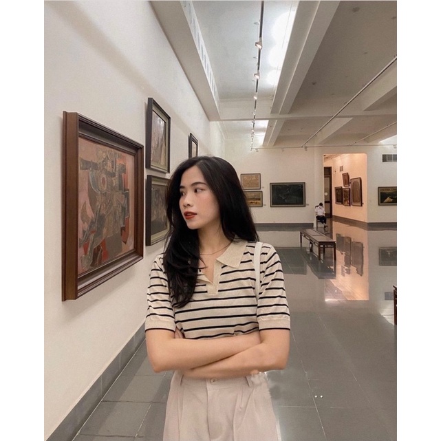 [Sẵn] Áo len polo dệt kim kẻ ngang cộc tay 2 màu đen, be | BigBuy360 - bigbuy360.vn