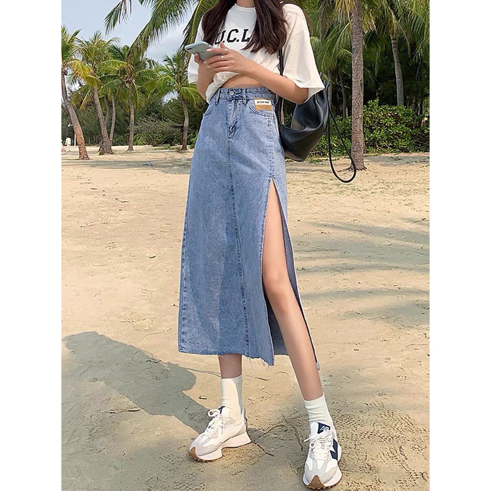 Chân Váy Bò Dài Xẻ Tà ,Váy Jeans Chữ A DENIM cạp cao