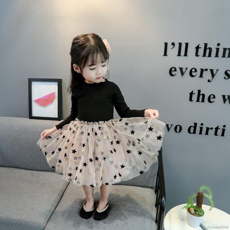 Đầm bé gái tay dài phối lưới họa tiết ngôi sao