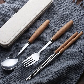 Bộ đũa thìa dĩa inox cán gỗ tiện lợi có hộp đựng gọn gàng