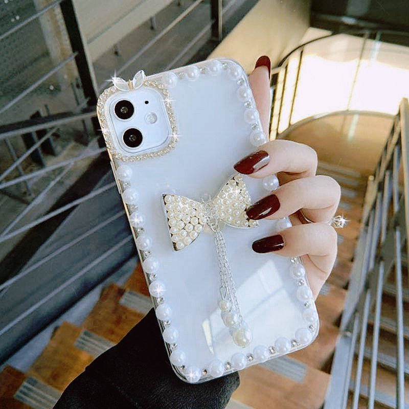 Ốp Điện Thoại Silicon Mềm Đính Nơ Và Ngọc Trai Nhân Tạo Cho iPhone 12promax 11 6s 7 8plus Xr