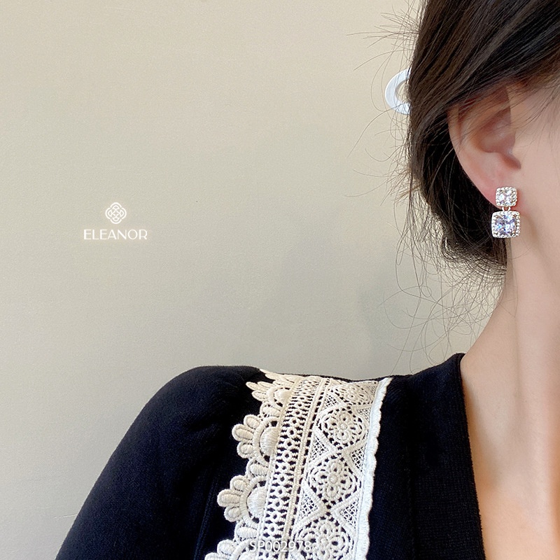 Bông tai nữ chuôi bạc 925 Eleanor Accessories hình vuông đính đá phụ kiện trang sức 2978