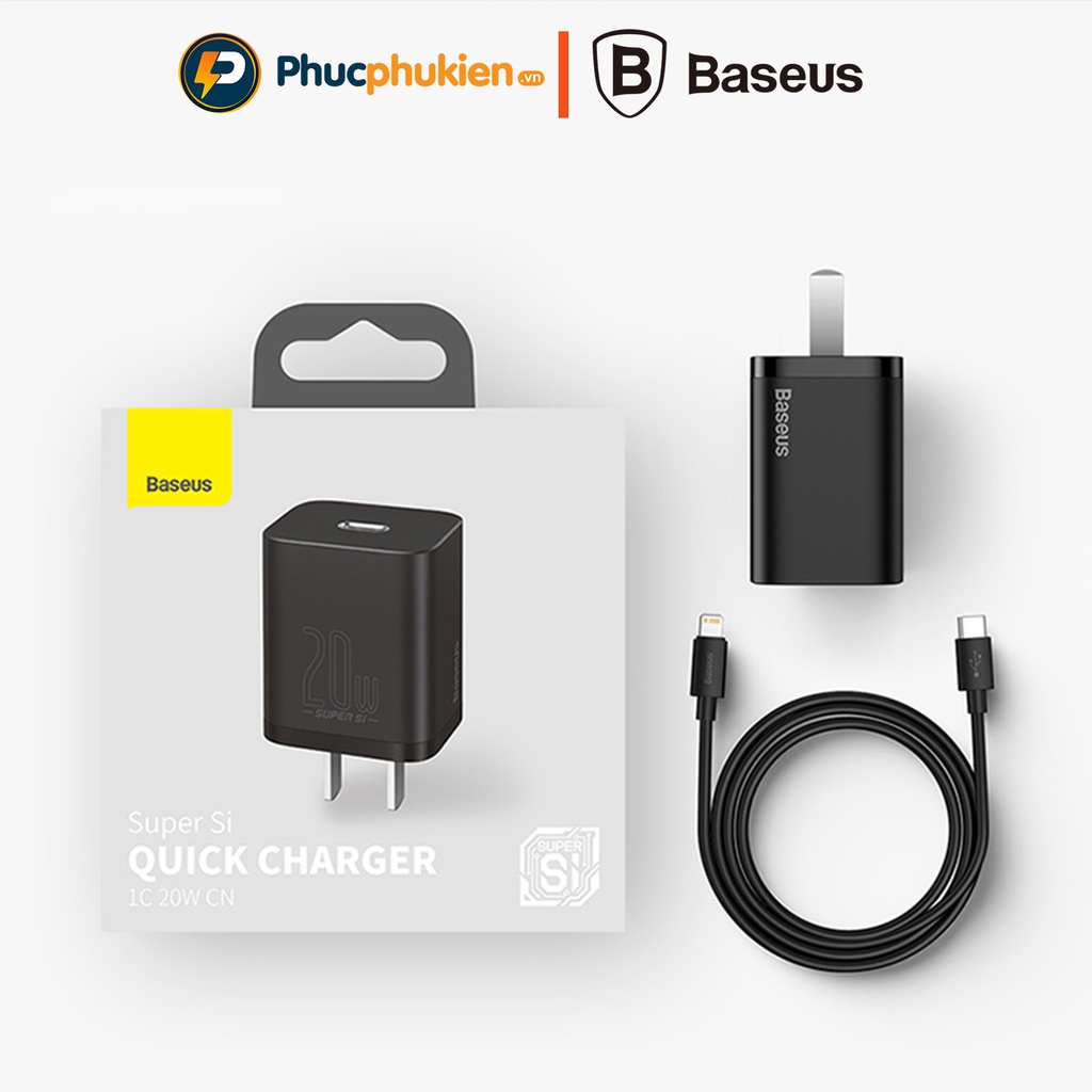 Bộ sạc nhanh iPhone 20w + Dây sạc nhanh iPhone chính hãng Baseus Super Si sạc đầy 50% pin chỉ trong 