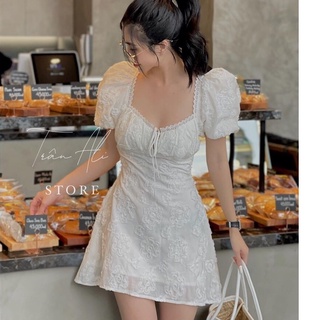 Đầm xoè tơ hoa nổi viền ren tay phồng 2 lớp tiểu thư