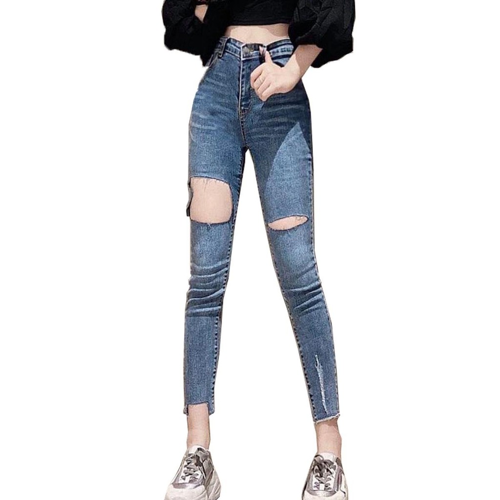 Quần jean nữ MURADFASHION JN, quần bò nữ xanh rách lưng cao cá tính phong cách thời trang cao cấp 2021