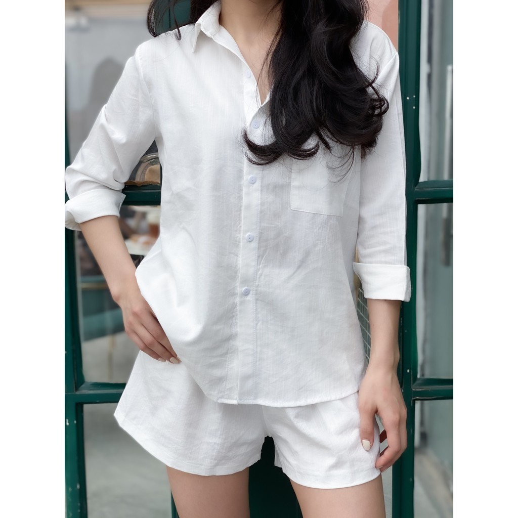 Set áo Sơ Mi Đũi dài Tay Mix Quần Short Trắng M037 Siêu Xinh