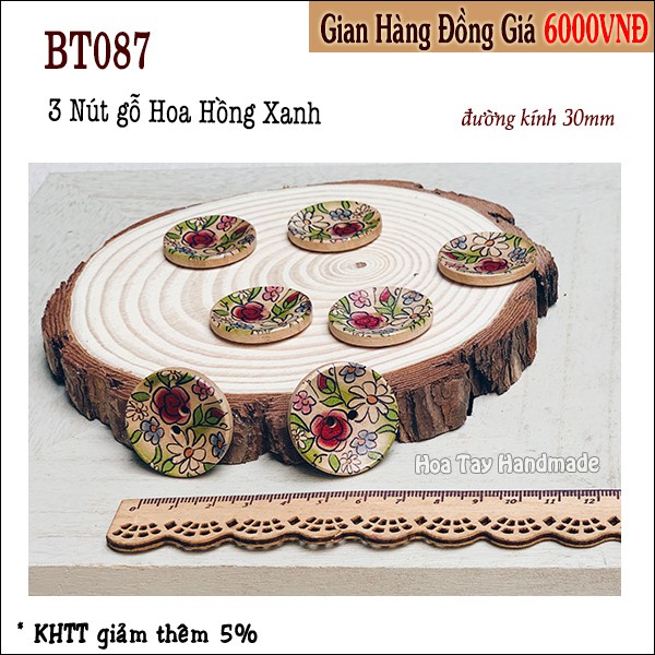 Nút Gỗ 3cm hình Hoa Hồng Xanh BT087