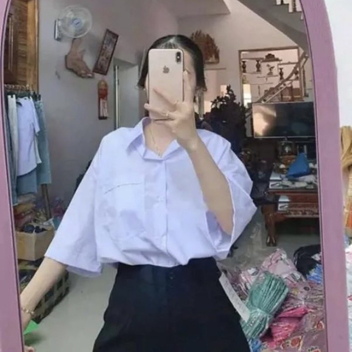 Áo học sinh nữ trắng tay NGẮN DÀI cấp 1 2 và 3 hàng tiêu chuẩn vải kate tốt vạc bầu FF95F