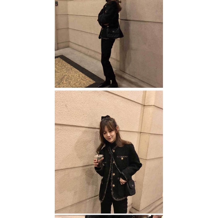 Áo khoác vải tweed lụa dáng rộng phối màu vàng thời trang thu đông phong cách Hàn Quốc cho nữ | BigBuy360 - bigbuy360.vn