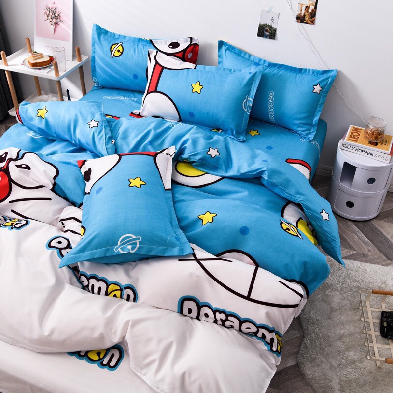 Bộ chăn ga gối hình Doremon 4 món chất liệu cottong poly hàng đẹp