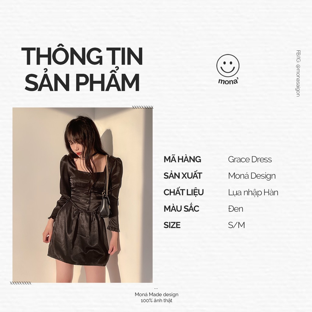 MONÁ - Đầm lụa tiểu thư nhấn eo tay dài đen/trắng - GRACE DRESS | BigBuy360 - bigbuy360.vn