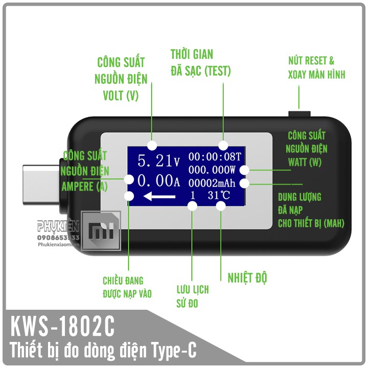 Thiết bị USB test sạc đo nguồn điện KWS-1802C , cõng Type-C đo 4V- 30V / 5.1A Quick Charge 3.0