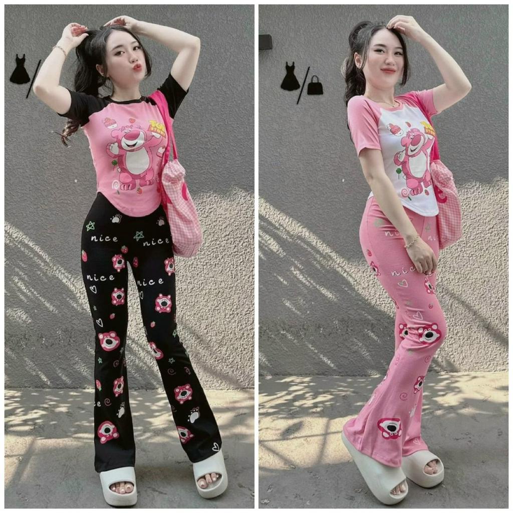 Set đồ bộ nữ áo thun vạt bầu mix quần dài ống loe họa tiết hoạt hình xinh xắn dành cho các nàng đi chơi, dạo phố cute.